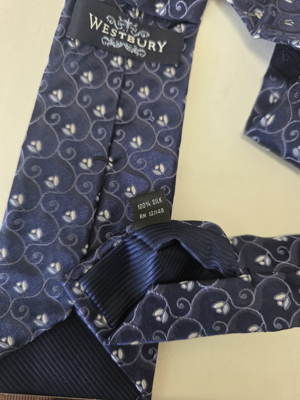 Westbury London Navy 100%  Silk Tie with White Floral Accent Pattern